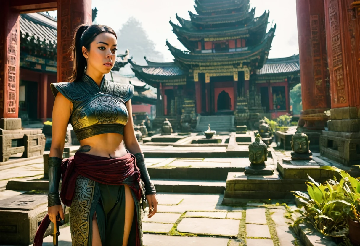 Aubrey Plaza (dungeon explorer outfit, whip on hip, pistol on hip, hair in pony tail, heavy boots) is examining the glyphs on a Buddha Statue. vine infested ancient temple
