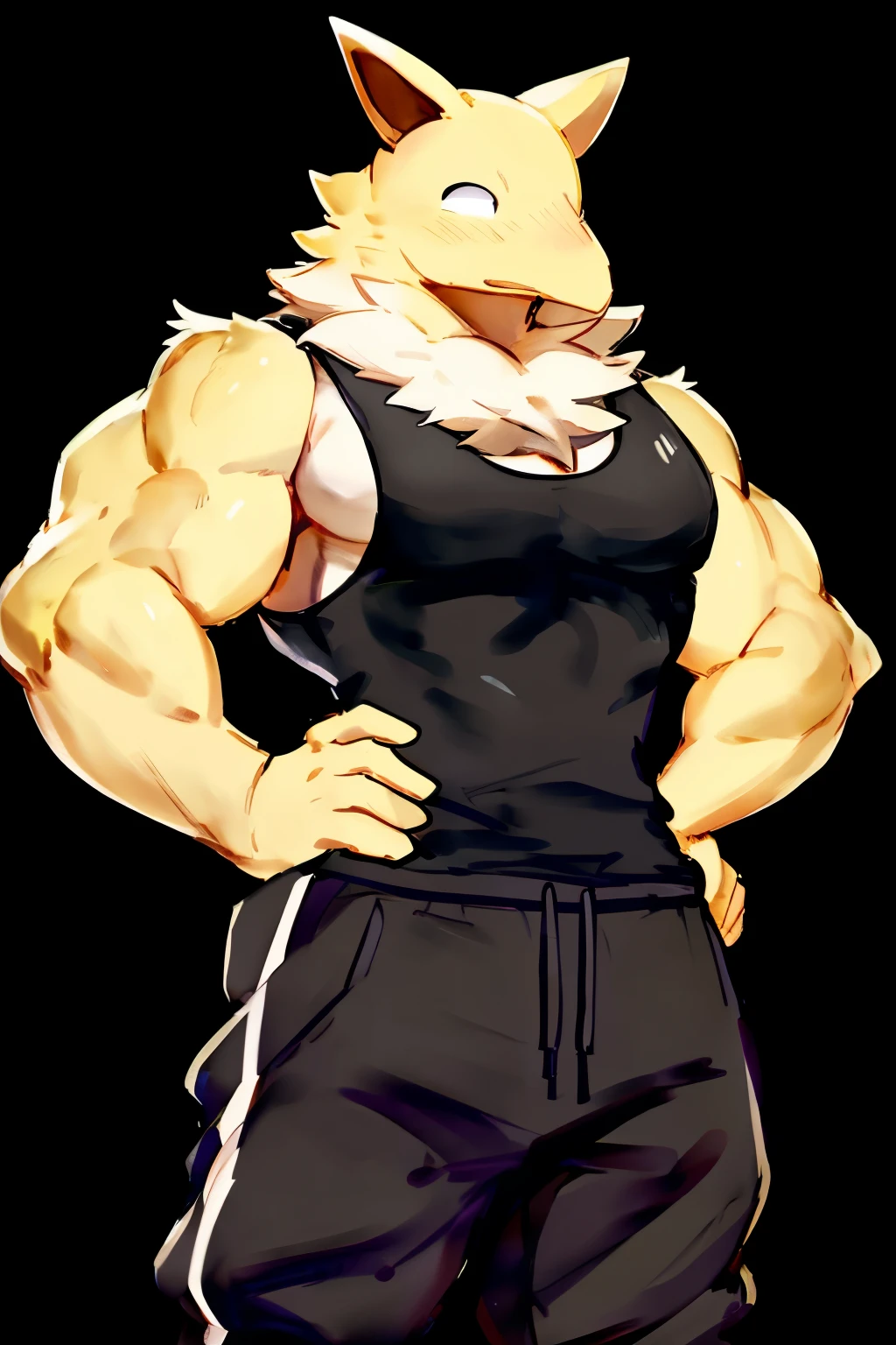 Furry, Anthro, solo, Hypno, Male, (((muscular body, massive male pectorals, yellow skin, fluffy neck, wearing white fur around neck))), ((((massive biceps, wide-eyed, head tilted)))), ((((((massive bulky torso, hands on hips, wearing black full male tanktop, wearing black sweatpants)))))), upper body, black/yellow spraypainted background, by buta99, by zackary911, by bebebebebe, (((digital painting)))