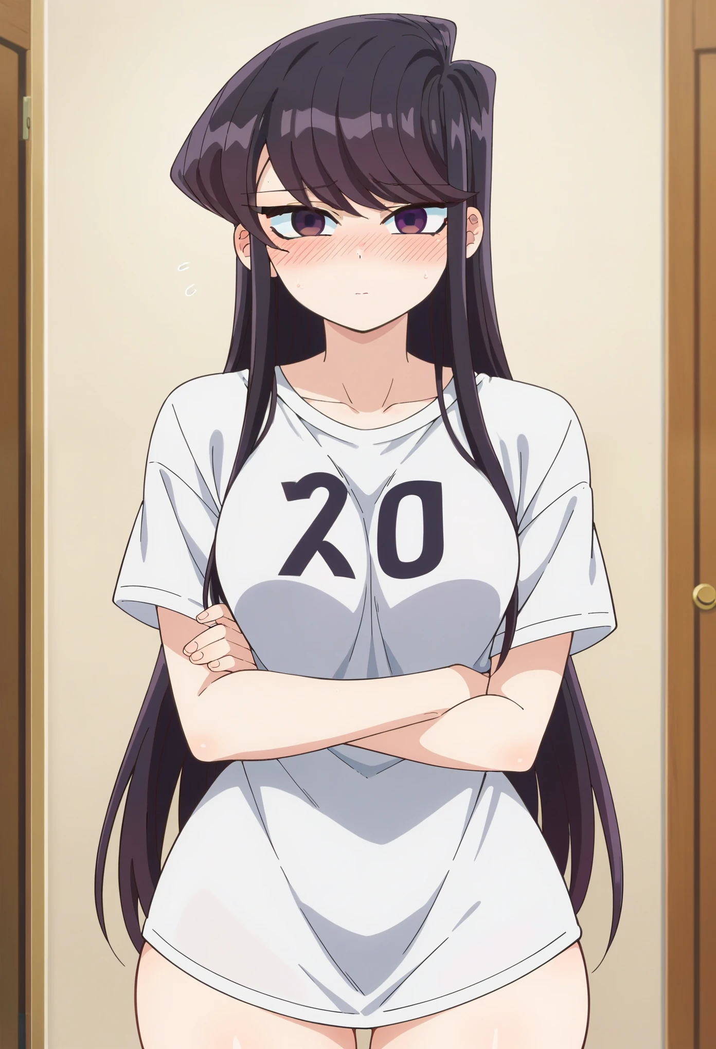 score_9, score_8_up, score_7_up, source_anime,
Komi shouko,
1girl, ((shy)),
Black hair, long hair, purple eyes, ((xl t shirt)), white graphic t shirt, ((thick thighs)), looking at viewer,
indoors, bedeoom, ((((blush)))), ((ashamed)), (no pants), (standing), (wide hips)