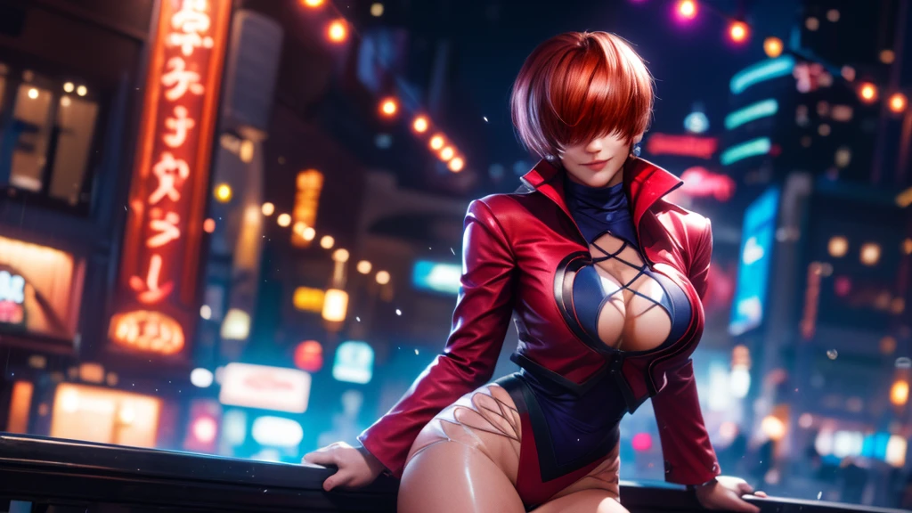 (at night), alone, in a video game scene, a background of a beautiful city during the day raining, standing at attention, red hair, pink clothes ((red hair)), 1 girl, alone, 20 years old, woman young, perfect and beautiful hands with perfect fingers, beautiful long legs, perfect legs, beautiful body, beautiful nose, beautiful character design, perfect face, looks at the viewer (focusing on the entire character), closed mouth, Light_Smile, official art, extremely detailed 8k CG wallpaper unit, perfect lighting, bright and colorful front lighting, glowing skin (masterpiece: 1.0), (best quality: 1.0), ultra high resolution, 4K, ultra detailed photography, 8K, HDR, high resolution, nonsense: 1.2, Kodak portra 400, film grain, blurred background, bokeh: 1.2, lens flare, (vibrant_color: 1.2), professional photography, (beautiful_face: 1.5), (narrow waist),