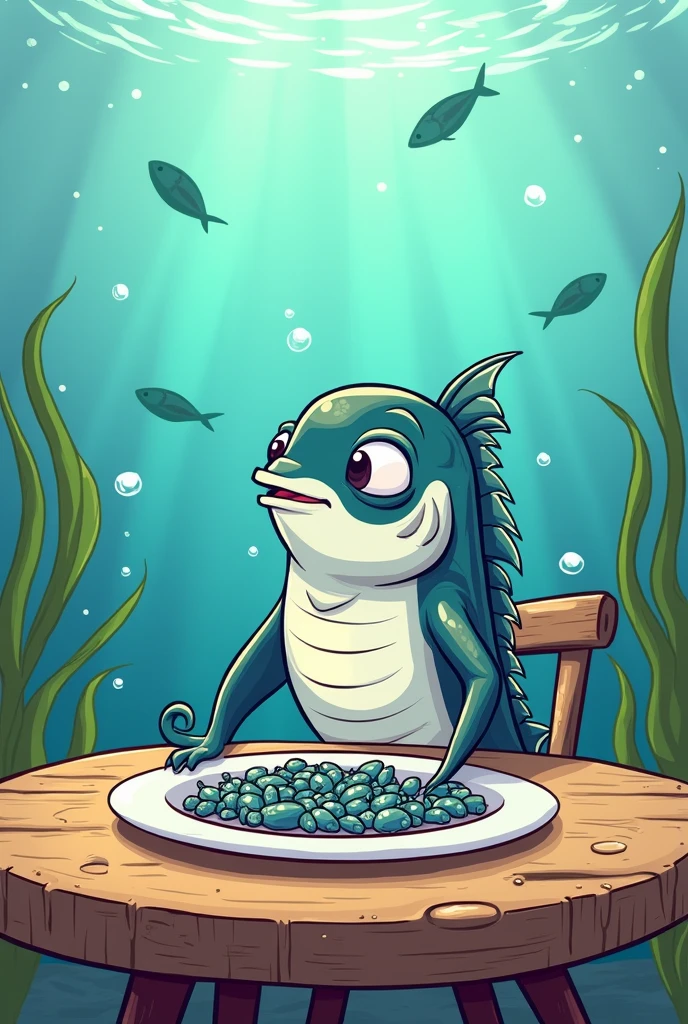 Draw a cartoon of an anchovy eating krill at a table