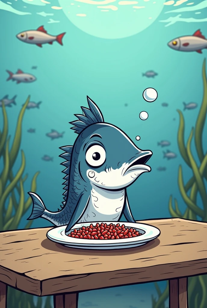 Draw a cartoon of an anchovy eating krill at a table