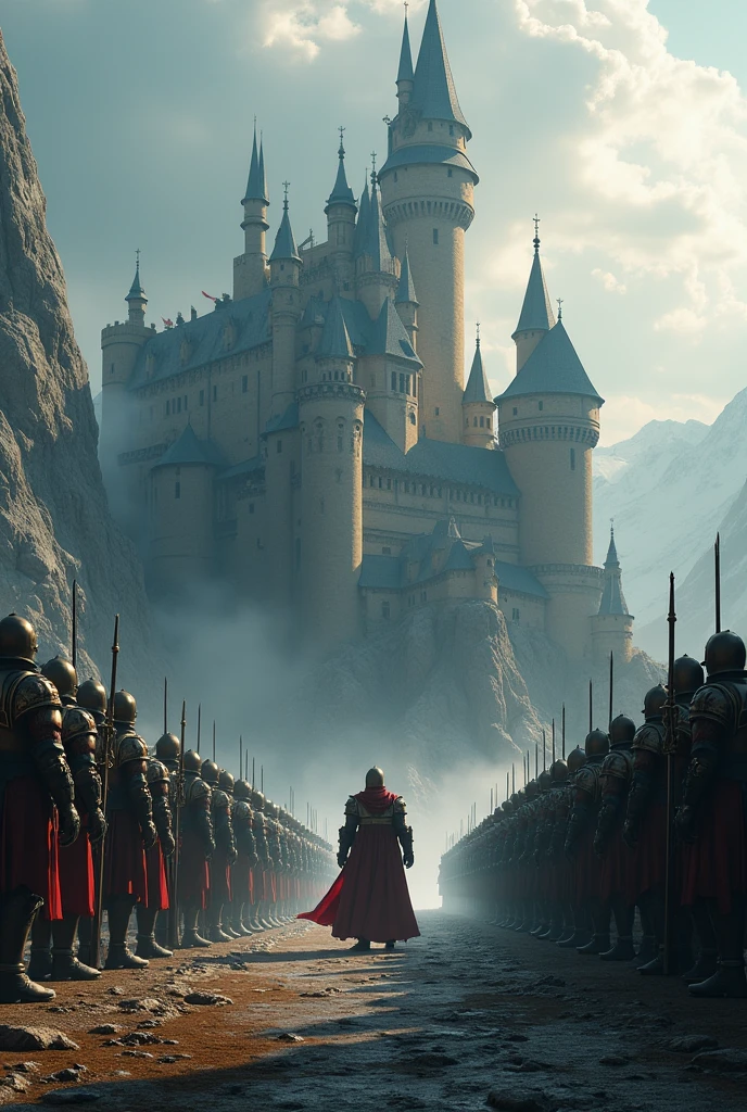 create an image of an army protecting a castle where the castle has troops from the