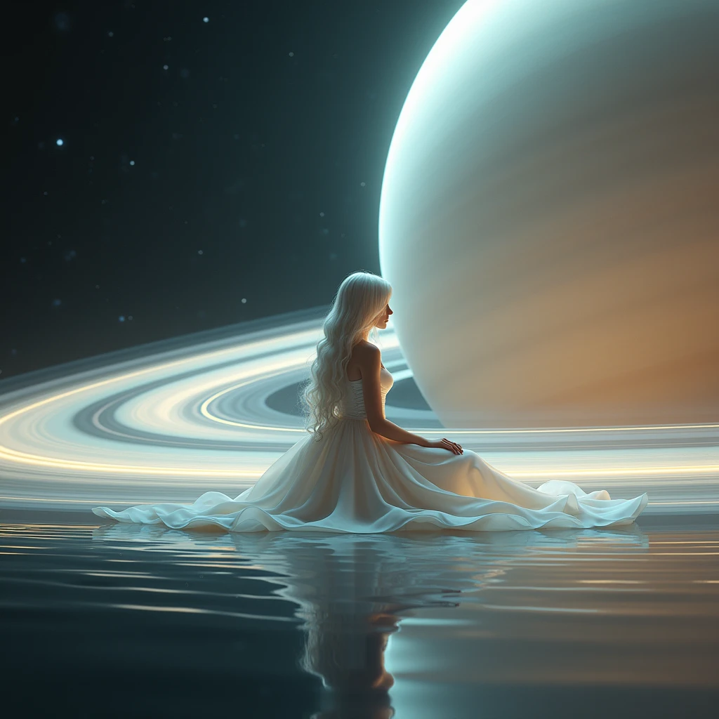 A woman with long white wavy hair,She will be sitting on Saturn's rings and will wear a long white dress
