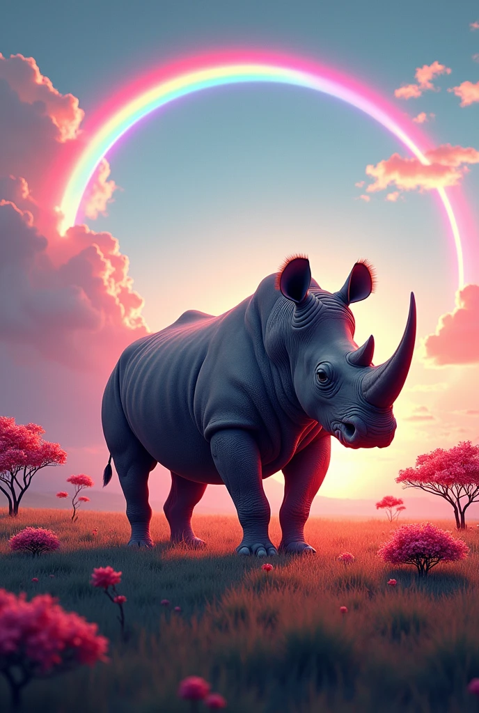 Rhino in the savannah with azalea and strawberry trees on the ground and a big rainbow in the sky and a pink and blue sunrise