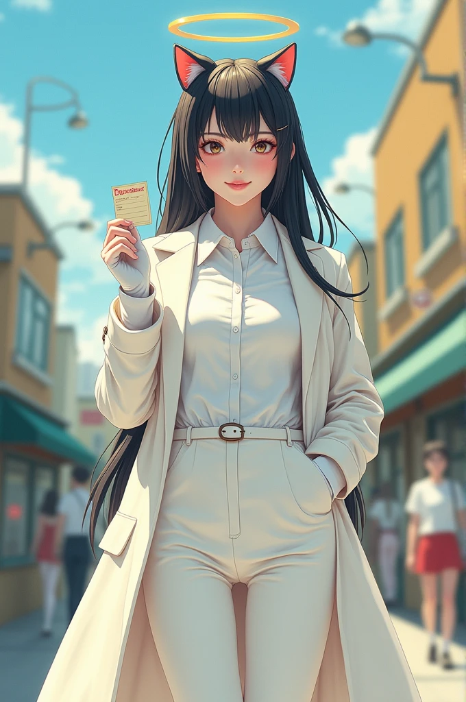 masterpiece:1.3), (absurdities:1.3), (Best Quality:1.3), (ultra detailed:1.3), 1 girl, Upper part of the body, looking at the viewer, smile, standing, outdoor, check in hand, akirafi, halo, by the wide, white gloves, long sleeves, White shirt, white pantyhose, belt, White coat, open coat, cat tails, white pants,
INFO
