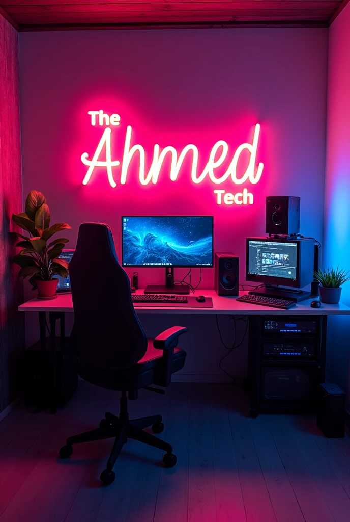 Create
a studio room with computer setup inside, on
the wall behind as a bright neon glowing
Write channel name ( The Ahmed Tech) don't ad chair and mix colors looka like a real studio
