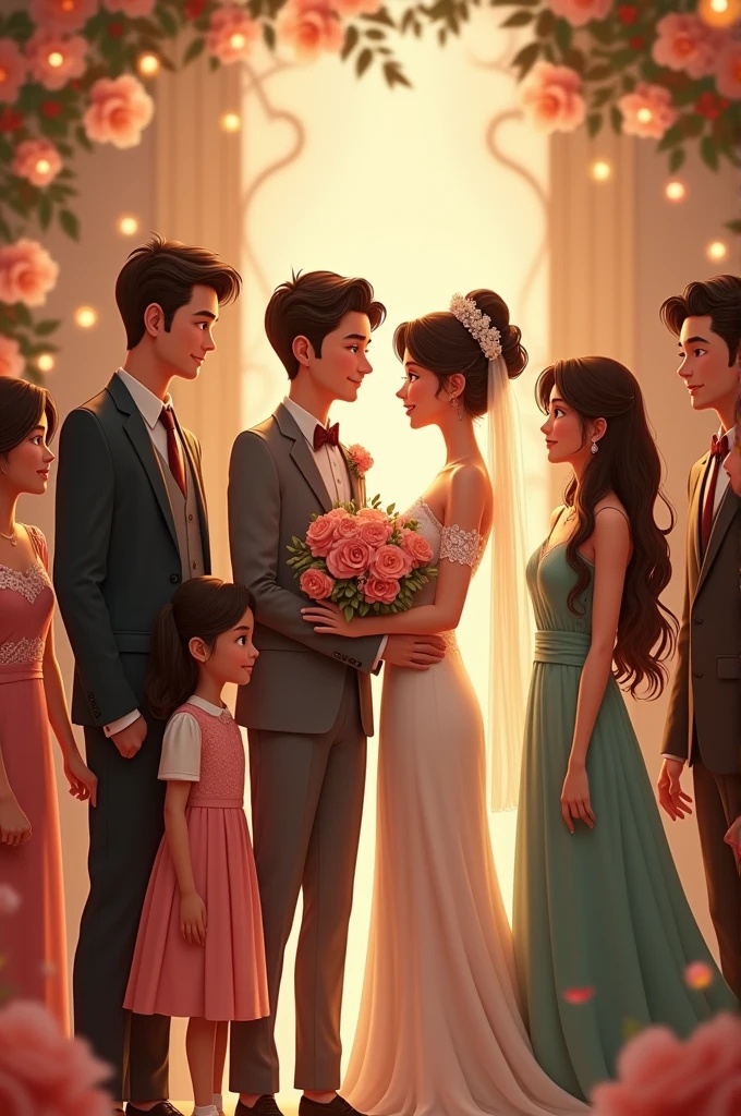 Family with father, mother 2 sisters with their husband, 1 sister wedding and younger sister
