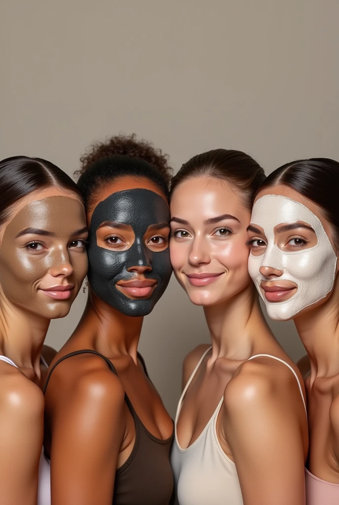 Aesthetic Banner of four real models with applied different face masks like coffee,charcoal,rose,rice mask