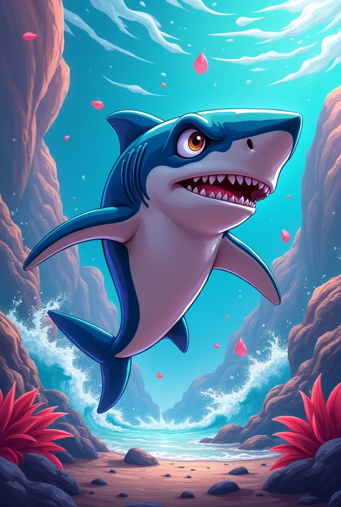Animated shark image , anime that has a logo and says Yin
