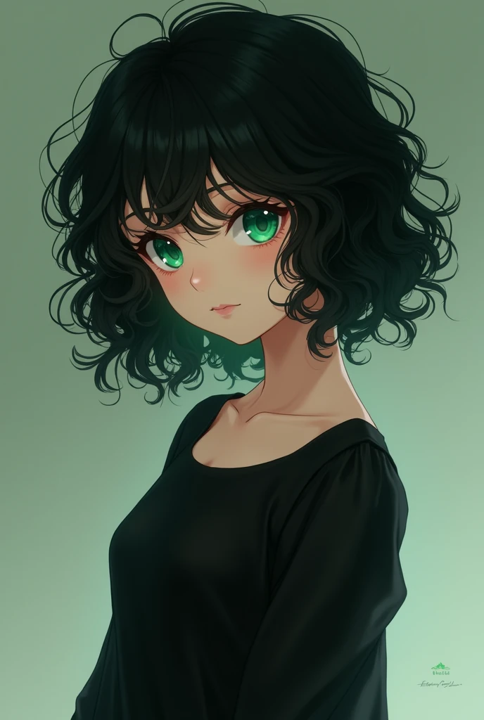 Girl with black curly hair, green emerald color, black dress anime 