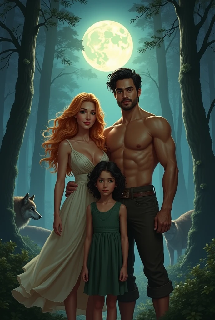 A woman with long strawberry blonde hair, amber eyes, pretty in a white dress and next to her a tanned man with short wavy black hair, bright green eyes and a defined body, alpha male and a dressed as a chubby son of the couple in the middle of a forest at dark night with moonlight and wolves and another next to her mother with wavy black hair wearing a little dress. Family (真实感) and another who looks
