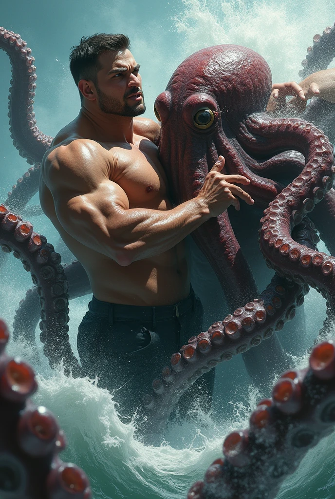 (photorealism:1.2), a strong man wrestling with octopus
