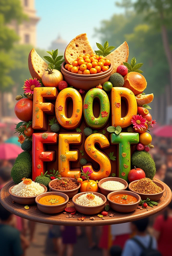 Food fest logo made with Indian foods write Food Fest on top of the food make some crowd