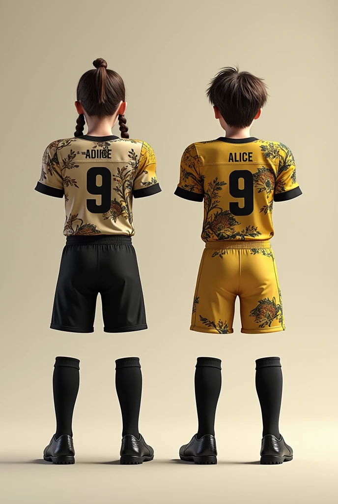 Image of the two football sports uniforms in light beige,  combined with black, with a Disney Beauty and the Beast print on the girls&#39; shirt that has the Beauty print and the boys&#39; shirt that has the Beast print and the name "Alice" and a number 9 on the back of one of the uniforms.