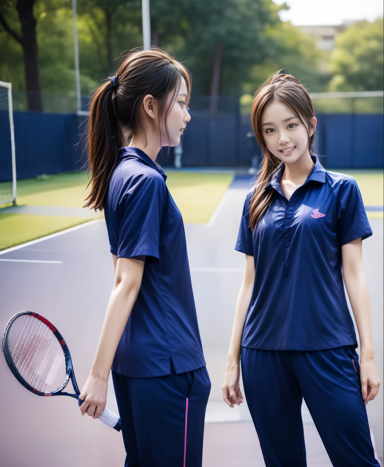 3 girls play tennis at tennis courts, Navy blue short-sleeved shirt,Navy Long Trackpant,Sweatpants, Sweatpantsขายาว,2 girl, lesbian, sexy, exercise clothes, wet body, exercise clothes