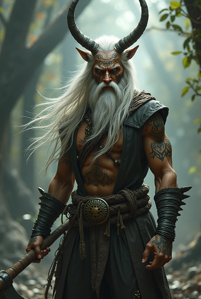 Kalashtar man full body, long white hair, tattoos on face, Druid, one-handed sickle and wolf skull on the head, Attack position 