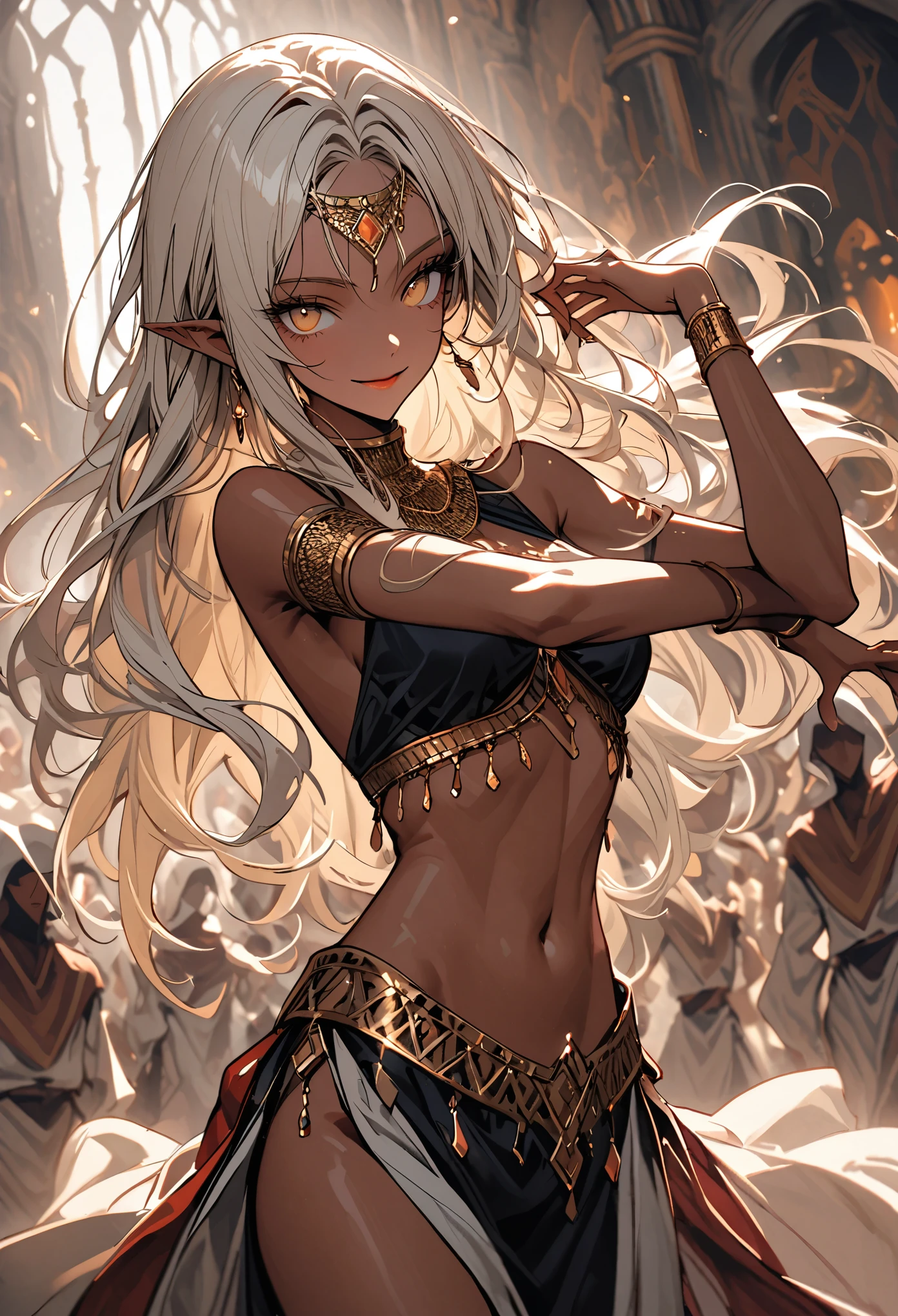 solo, female, close up, (four arms), copper skin, long hair, platinum blonde hair, silky hair, braided hair, pointed ears, tiny waist, Arabian, harem, golden eyes, smile, slight abs, jewelry, hands on hips, dancing, faceless crowd