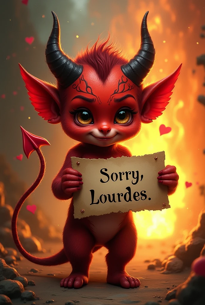 Create an image of a little devil and say sorry to me, Lourdes.