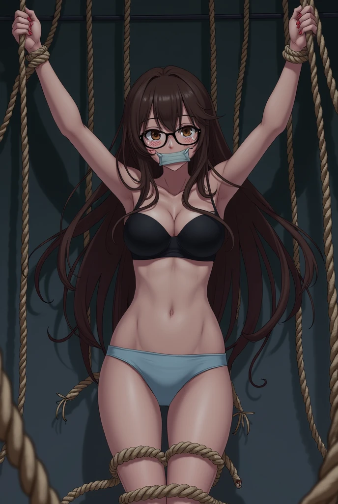 sekijou sawako, shibari, anime picture, brown eyes, bondage, bound, brown hair, long hair, black eye glasses, blood in face, arms up, stripped, best quality, ultra-detailed, high resolution, extremely detailed cg, unity 8k wallpaper, masterpiece, perfect body, anime picture, femsub, BDSM, light blue panty, black bra, small breasts, at night, teary-eyed, standing, dark room, gagged with duct tape, over the mouth gag, duct tape, Sekijou Sawako, gym storeroom, tied up wrist together above head, tied up ankle, suspension rope from ceiling, standing nearby wall, bracing,