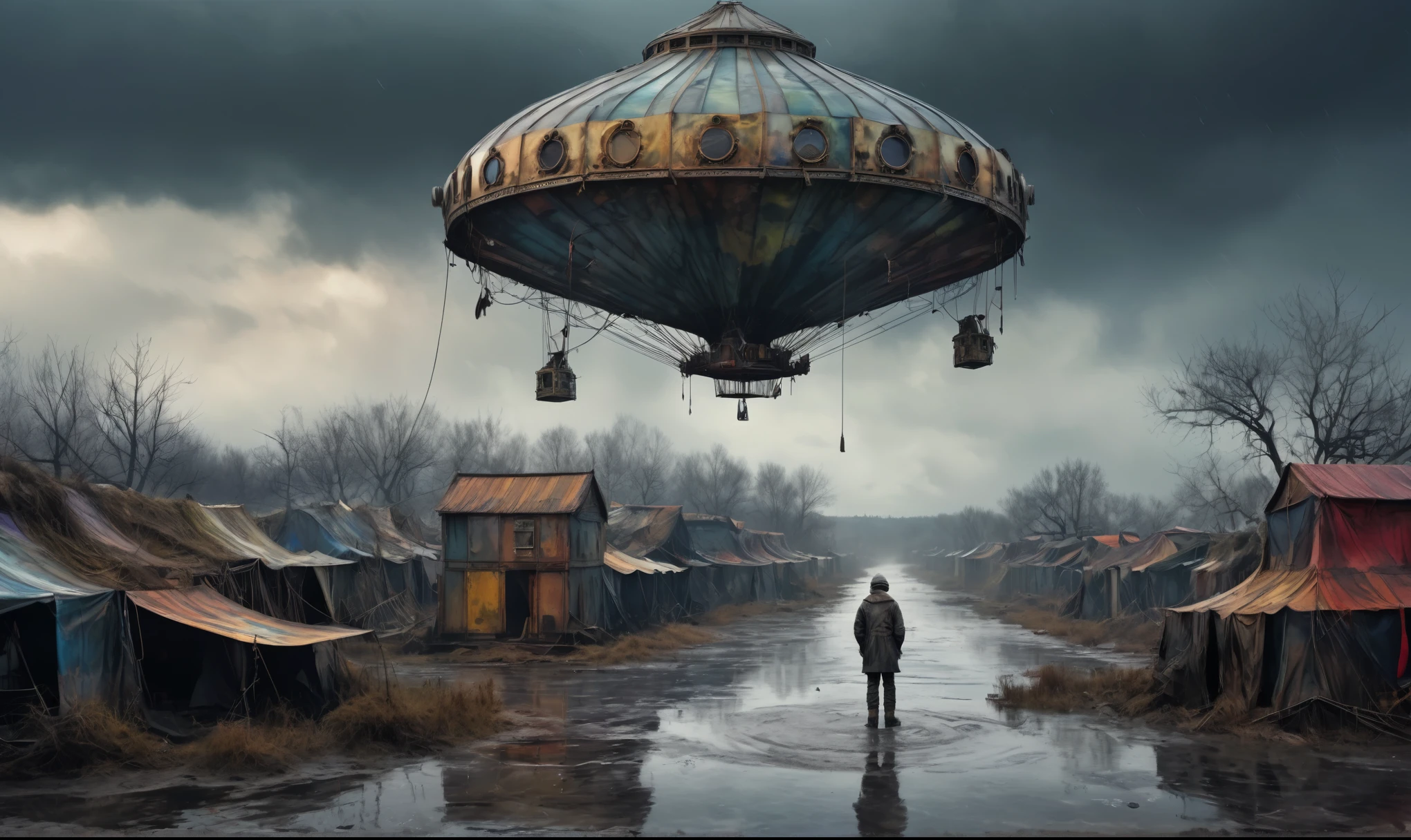 insane pilot from USSR , camouflage Rusty, after a psychiatric clinic,winter,intricate landscape,slate grey atmosphere,film grain,faded,eyes extremely detailed,another world,view from height,once pretty face,eyebrow up,full body shot,ominous landscape, Simon Stalenhag,Nicola Samori,full body shot,beggar niobium The Alien Entity,Technicolor,natural skin textures, hyper realism, hyper detailed,Extremely detailed,High contrast,Masterpiece,Realistic,Ultra Detailed, intricate details,realistic humid leather,extremly intricate,Epic Realistic, cinematic style,irina yermolova,high contrast,hdr,extremely detailed, deep night landscape,masterpiece,intricate details,faded,eyes extremely detailed, high detailed eyes,8k resolution,RAW,retina, Nikon Z9,China,tkt style, transition between two art styles, Ink painting to photorealism, Double contact, X-ray, Creative, vivid light, masterpiece, fantasy, Abstract Surrealism, super detailed, high resolution, stop:35;Her skin is pale, almost translucent,a hot air soars through the layers of clouds, revealing a colossal and enigmatic cityscape nestled within. The buildings in this ethereal city are adorned with intricate details and exude an aura of mystery. Above the cityscape, lend an enchanting touch to the scene. steampunk. The intricate mechanics create a sense of wonder and fascination, as if stepping into a dreamlike realism,Marta Bevacqua, ais-sinisterz, a derelict circus in the middle of a swamp, remnants of colorful tents, a silent carousel with spectral monsters, all under a sky heavy with storm clouds