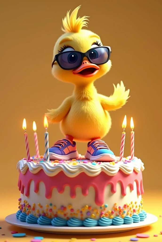 I want an animated duck with running shoes and running sunglasses on a birthday cake