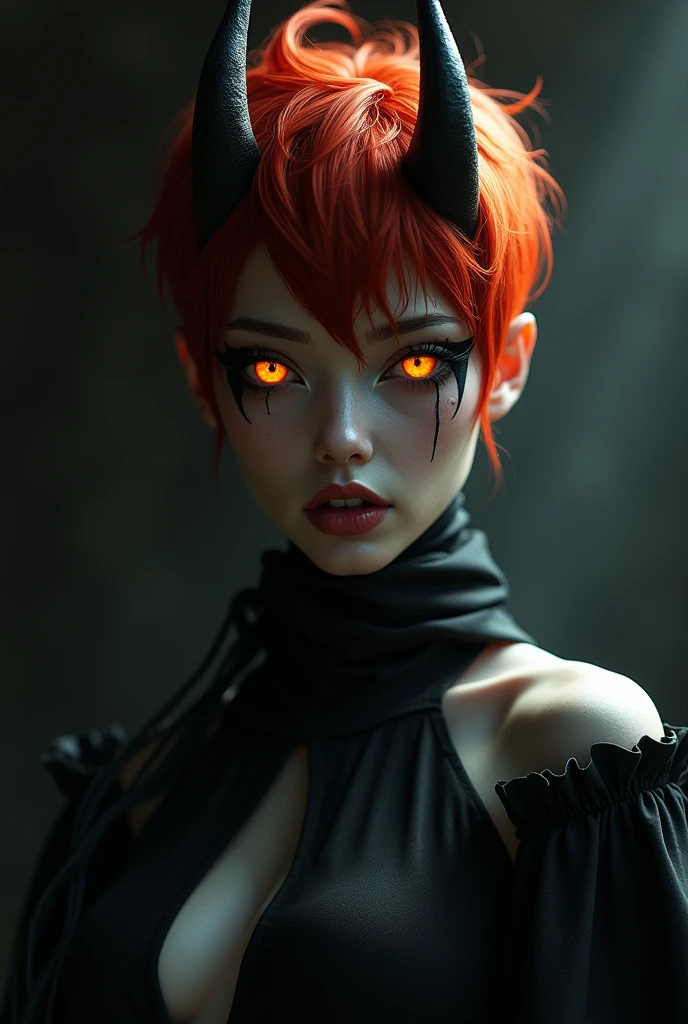 Androgynous woman with very short red hair and orange horns. orange eyes.