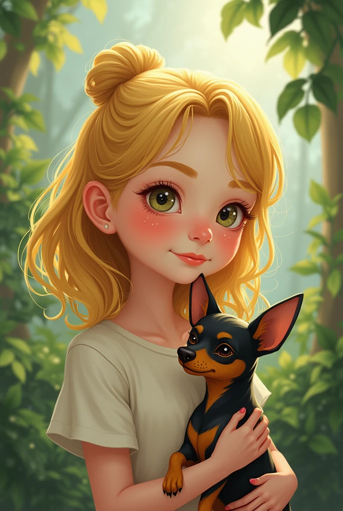 Create my photo I am a girl with small eyes, a slightly larger nose, a small mouth, dyed blonde hair, a small Chihuahua dog with a brown Pincher