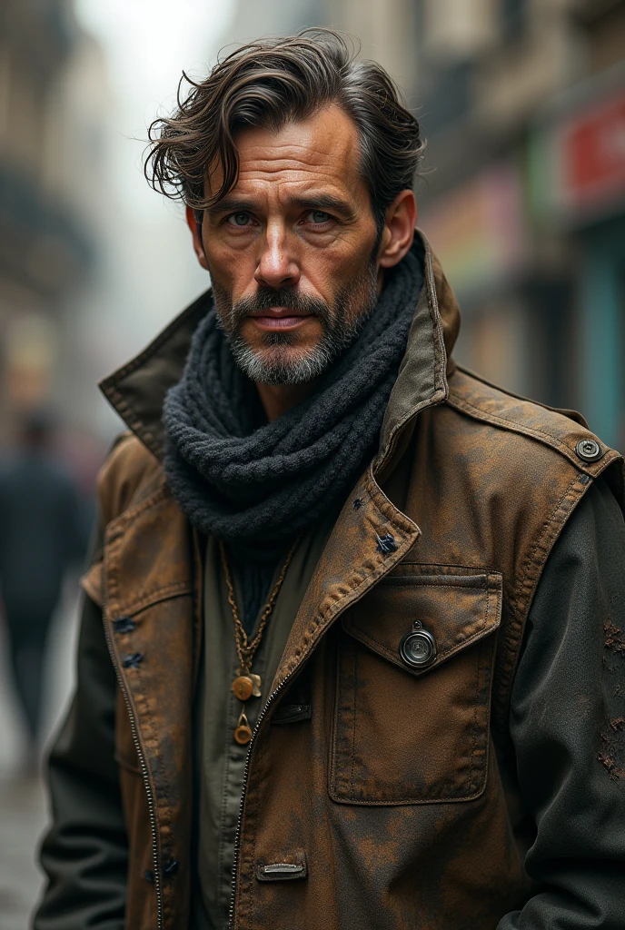 Create an image of a man who has a face that expresses wealth and sophistication, but he&#39;s dressed like a beggar. The man should look well-groomed and have the characteristics of a wealthy person., as an expression of confidence and an intelligent look. however, he is wearing dirty clothes, torn and in poor condition, typical of a homeless person. Clothing must be dirty and worn, with visible stains and tears, contrasting sharply with his countenance. The scene is supposed to capture the duality between his wealthy appearance and his beggar&#39;s attire..