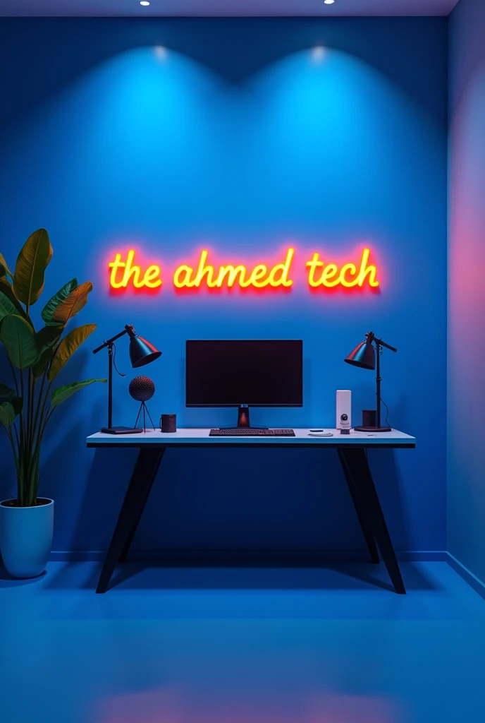 Create
a studio room with computer setup inside, on
the wall behind as a bright neon glowing
Write channel name ( The Ahmed Tech) don't ad chair and mix colors looka like a real studio Blue and yellow