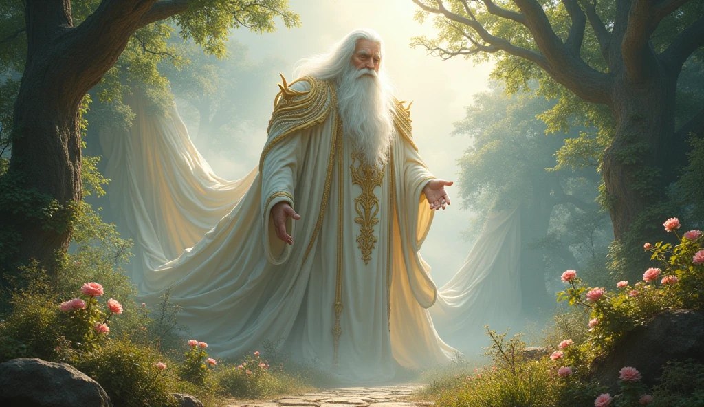 16k, 32k, UHD, masterpiece, best quality, upper body, God, who is super vast and gigantic, wearing white and shimmery gold robe, long white hair, white beard. God is super Gigantic God looks downward, beautiful enchanting garden of Eden, God is super vast and gigantic
