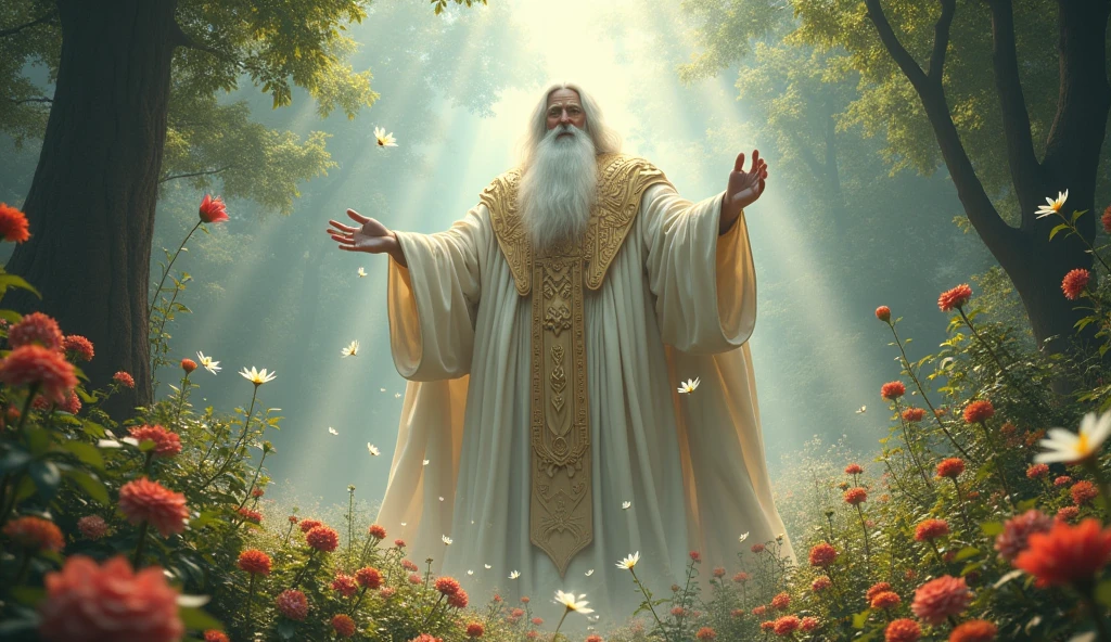 16k, 32k, UHD, masterpiece, best quality, upper body, God, who is super vast and gigantic, wearing white and shimmery gold robe, long white hair, white beard. God is super Gigantic God looks downward, beautiful enchanting garden of Eden, God is super vast and gigantic