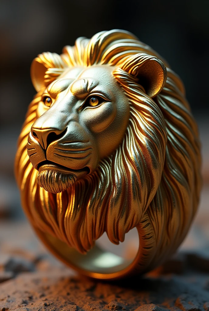 Make me a gold-colored 3D ring for men and on the surface the image of a lion and that in the right eye it has a scar
