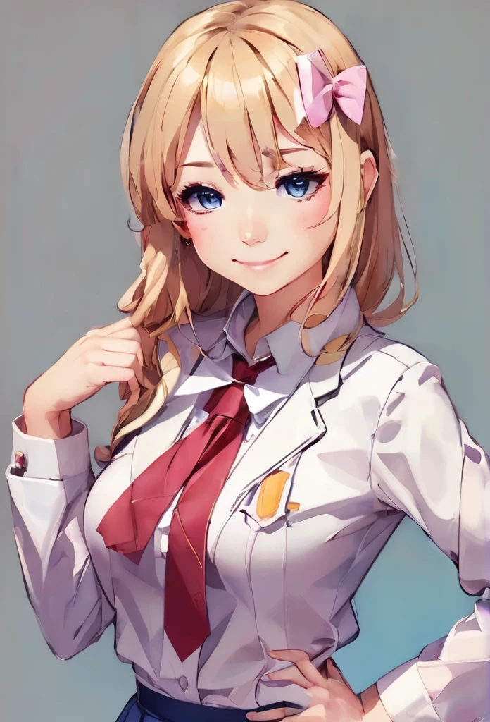 
1girl, solo, bow, jacket, multicolored hair, smile, blonde hair, long hair, shirt, school uniform, blush, bowtie, hand on hip, looking at viewer, collared shirt, skirt, white shirt, blue jacket, red bow, long sleeves, upper body, streaked hair, closed mouth, bangs, pink eyes, grey skirt, one side up, red bowtie