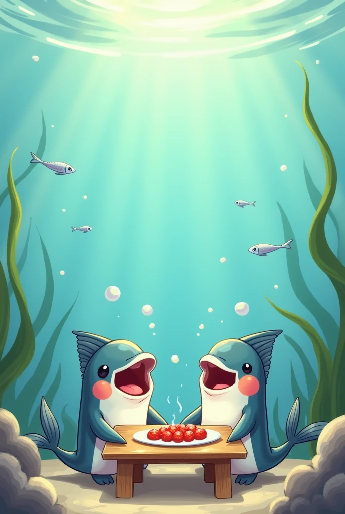 draw two anchovies eating krill at a table very happily