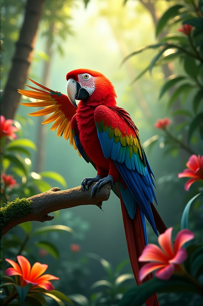 	“A Scarlet Macaw perched on a tree branch in a tropical rainforest, its vibrant red, blue, and yellow feathers illuminated by dappled sunlight. The macaw is in mid-grooming, with one wing slightly extended. The background is filled with green foliage and colorful tropical flowers.”