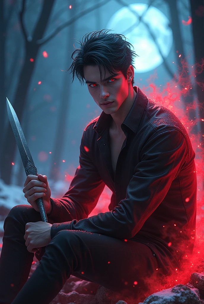 ((masterpiece)), absurdres, (top quality), detailed eyes, ((complex background)), 1man, young man, smooth skin,((young and masculine, virile face)), a beautiful face,a god, ((glowing red eyes)),red eyes, black hair with silver tips, (unruly hair), (((teen))),((spike collar)),Long black fur coat, bare abdomen, black tactical pants, spartan body, athletic,((cool look, badass)), athletic body, muscular, (marked veins throughout the body), (sitting on corpses in the winter forest ))big blue moon background,in a sky full of stars , (serious expression, looking at viewer), (bokeh, light particles), ((close up)), midjourney, He has a silver dagger in his hand, wise and gentle face. and with a watch eye, full body , detailed eyes ((realism)), His entire body exudes steam and is wrapped in red magic. ((The dagger, his body and clothes are stained with blood.))