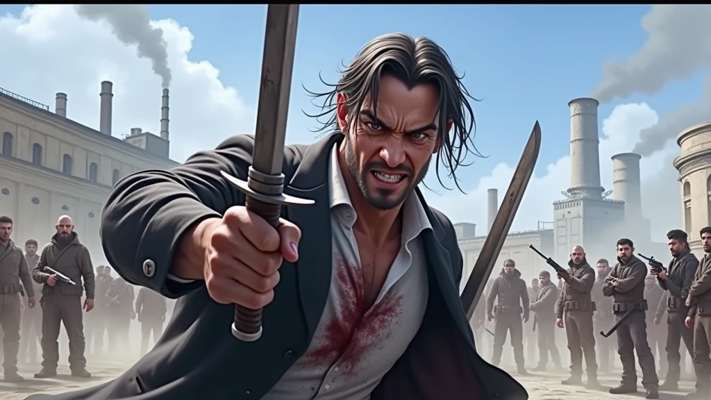 (photorealism:1.2), beautiful angry man with swords,old factories in background,many gangsters in background with knife and guns,sunlight coming from background,wearing bloody coat and paint, cigarette in his hand,smoking