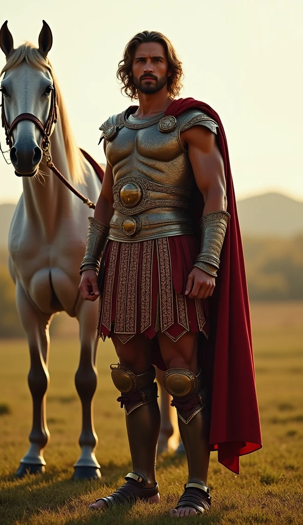 Front view , Full-body, looking at viewer, sole, Great of king, Alexander , Empire of Greek, standing pose, stand on field , White horse, gorgeous harness, 30 years-old, handsome,( wave perm , brown hair , serious,),(diadem ,White head band Crown with jewel), normal body, ((An ancient Greek emperor wearing traditional imperial wear, body of leather armor and emboss of Apron face , shoulder and arm protector , White crock)), Gorgeous sandal, noon ,(Textured skin , HI Detail Skin, (Shorthand, Canon, 8k, Anatomically correct, Super Detail, Attention to detail, Your Highness)