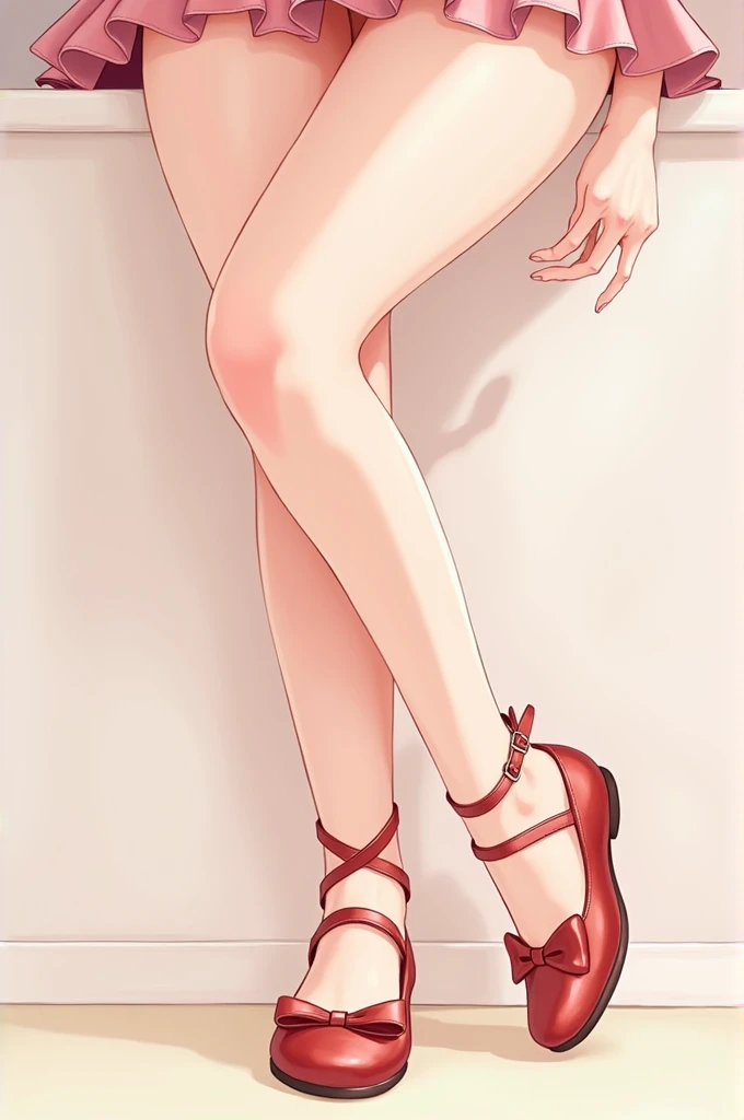 Generates an anime girl showing her legs wearing flat shoes with a bow and ankle strap