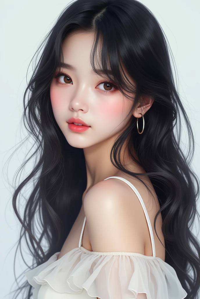 KPop idol, KOREAN, Bblack hair, long hair, mouth accentuated cupid&#39;s bow, eyes large, innocent girl, white outfit, realisitic