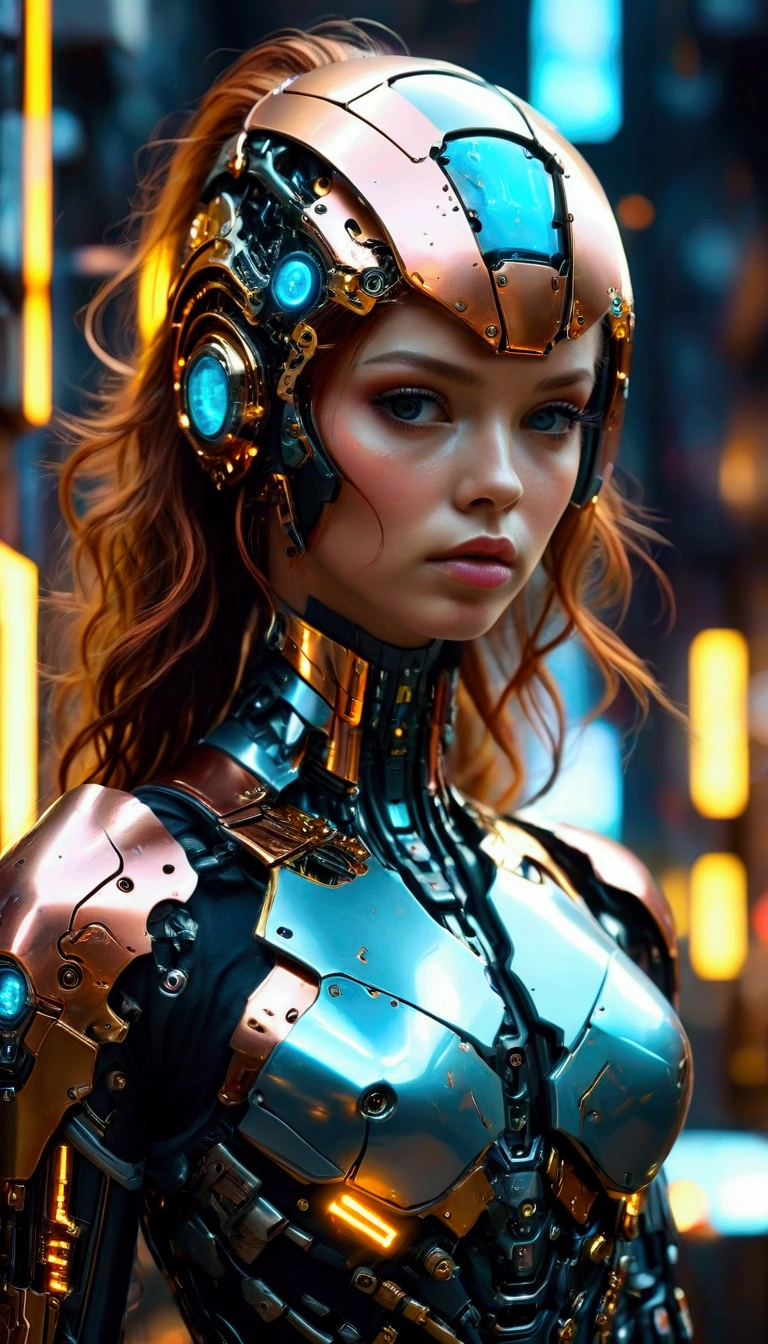ultra realistic masterpiece, (add_very_intricate_detail: 1.2), "A cyborg/android woman, copper hair, liquid gold in some parts of the helmet, uses biomechanical parts on her body, neon lights, cyberpunk settings, high-tech helmet with very detailed intricate, futuristic atmosphere."