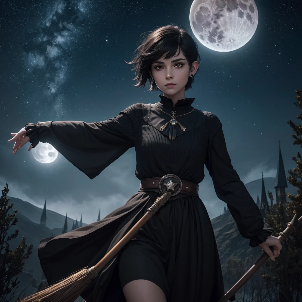 a beautiful witch with amber brown eyes, small slanted eyes, small mouth, pale skin, pixie cut shaved black hair, eyebrow piercing, ear piercings, flying on a broomstick in front of a giant full moon, extremely starry and dark sky, wide field of view, a owl beside, witch composition, magical composition, ethereal illumination, intricate details, (best quality,4k,8k,highres,masterpiece:1.2),ultra-detailed, dark comic style