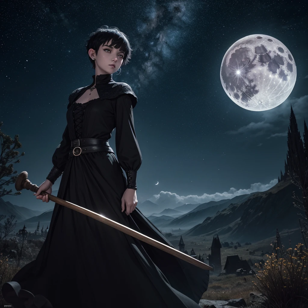 a beautiful witch with amber brown eyes, small slanted eyes, small mouth, pale skin, pixie cut shaved black hair, eyebrow piercing, ear piercings, flying on a broomstick in front of a giant full moon, extremely starry and dark sky, wide field of view, a owl beside, witch composition, magical composition, ethereal illumination, intricate details, (best quality,4k,8k,highres,masterpiece:1.2),ultra-detailed, dark comic style