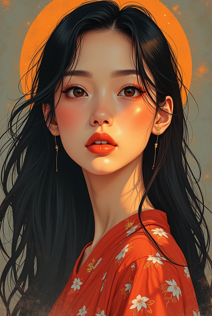 centralized writing HA VI with a capital letter and PHAM with a lowercase letter, written with planet being the name highlighted
with planet elements, the shadow of a woman making a headline, a radiant star, a simple contemporary art background,hong khong 90s, long hair