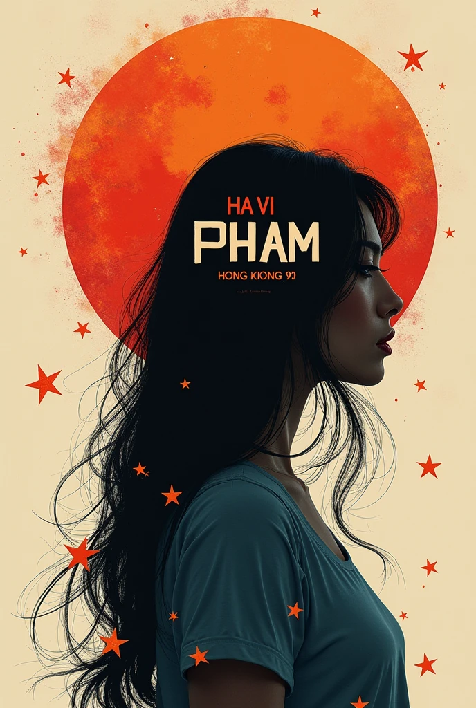 centralized writing HA VI with a capital letter and PHAM with a lowercase letter, written with planet being the name highlighted
with planet elements, the shadow of a woman making a headline, a radiant star, a simple contemporary art background,hong khong 90s, long hair
