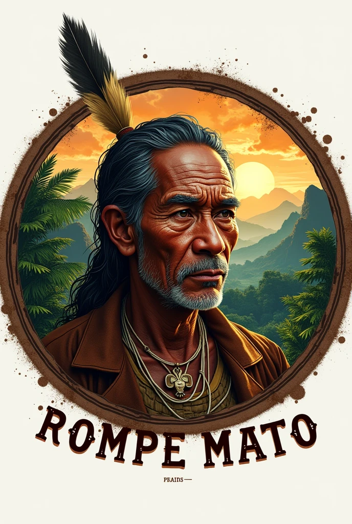 Create a round logo with the theme terreiro casa de caridade do caboclo Rompe Mato That has a photo of a Tupi Guarani Indian and that has the name "Rompe Mato Caboclo Charity House"