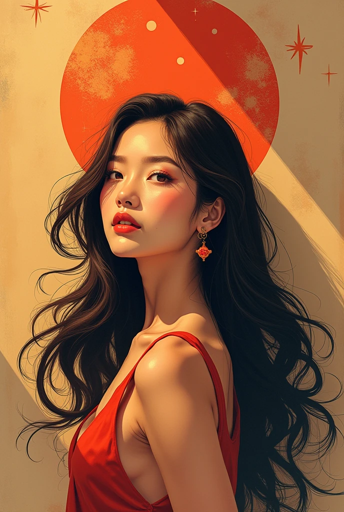 centralized writing HA VI with a capital letter and PHAM with a lowercase letter, written with planet being the name highlighted
with planet elements, the shadow of a woman making a headline, a radiant star, a simple contemporary art background,hong khong 90s, long hair