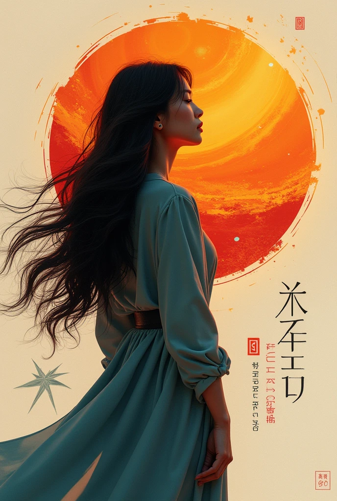 centralized writing HA VI with a capital letter and PHAM with a lowercase letter, written with planet being the name highlighted
with planet elements, the shadow of a woman making a headline, a radiant star, a simple contemporary art background,hong khong 90s, long hair