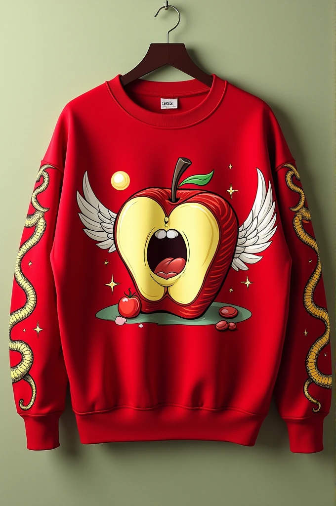A red sweatshirt with a cartoon-style drawing of an apple cut in half and wings on the sides and drawings of golden snakes on the sleeves of the sweater